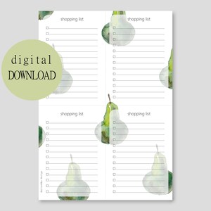 Einkaufsliste "Birne" PDF Vorlage zum download | Druckvorlage Einkaufszettel | shopping list printable | A6 | A4 | Aquarell