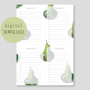 Könnte beinhalten: Druckbare Einkaufsliste mit vier Abschnitten, die jeweils mit "Einkaufsliste" beschriftet sind. Der Hintergrund zeigt ein Aquarelldesign mit grünen Birnen.