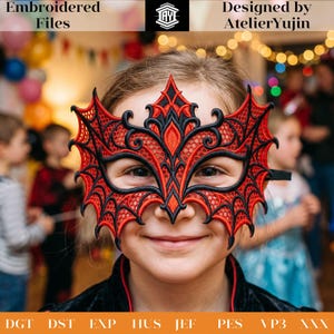 May include: A red and black embroidered lace mask featuring a symmetrical, wing-like design with intricate webbed patterns. The mask has a pointed top and sharp, decorative edges. Text at the top reads Embroidered Files and Designed by AtelierYujin.