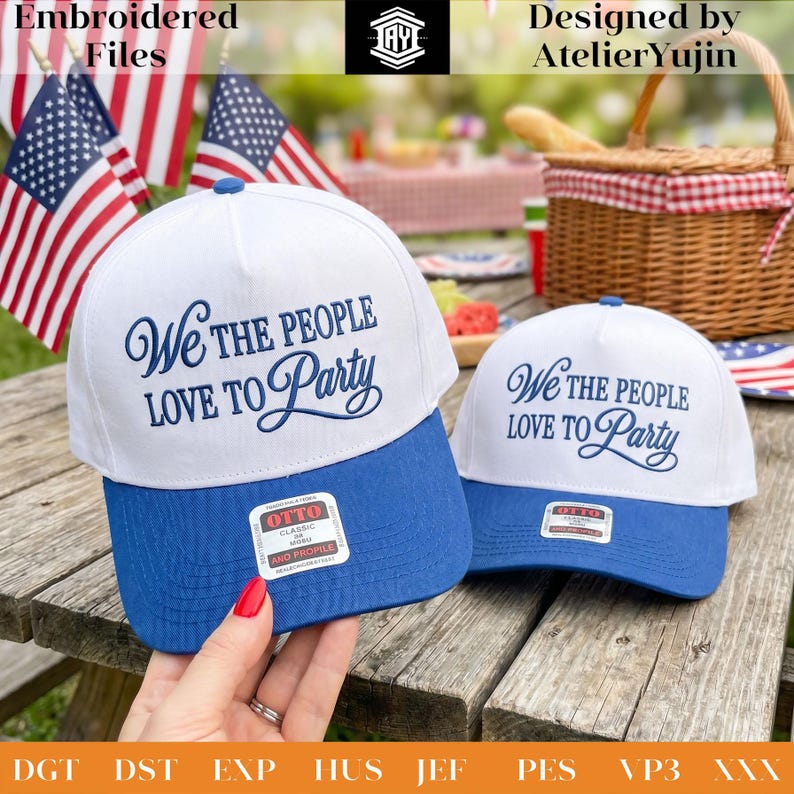 Broderidesign för vi folket älskar att festa, patriotisk hattbroderifil, USA-kepsbroderifil, platt version bild 1