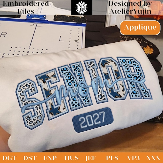 Senior Mom 2027 Applique Embroidery Design, Class of 2027 Graduation Mom Shirt, School Spirit Varsity Style Embroidery File