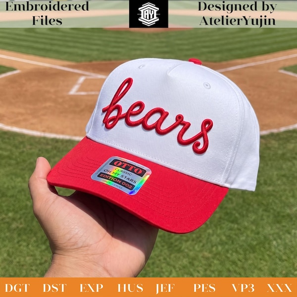 Design per ricamo personalizzato del nome della squadra su cappello, file di ricamo personalizzato per cappellino sportivo, design per cappello con mascotte scolastica, download digitale