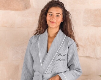 Gray Custom Waffle Turkish Bathrobe Mothers Day Gift Personalized Waffle Robe Embroidered Robe With Name Mother's Day Gift