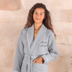 Gray Custom Waffle Turkish Bathrobe Mothers Day Gift Personalized Waffle Robe Embroidered Robe With Name Mother's Day Gift image 1