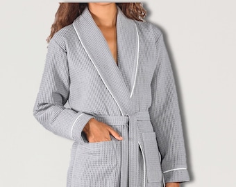 Personalized Gray Waffle Robe Unisex Cotton Bathrobe Lightweight Dressing Gown Robes For Men and Women Bridesmaid Gift graduation Gift