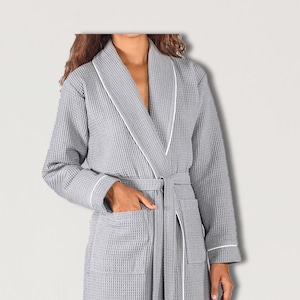 Personalized Gray Waffle Robe Unisex Cotton Bathrobe Lightweight Dressing Gown For Men and Women Bridesmaid Gift Anniversary Birthday Gift