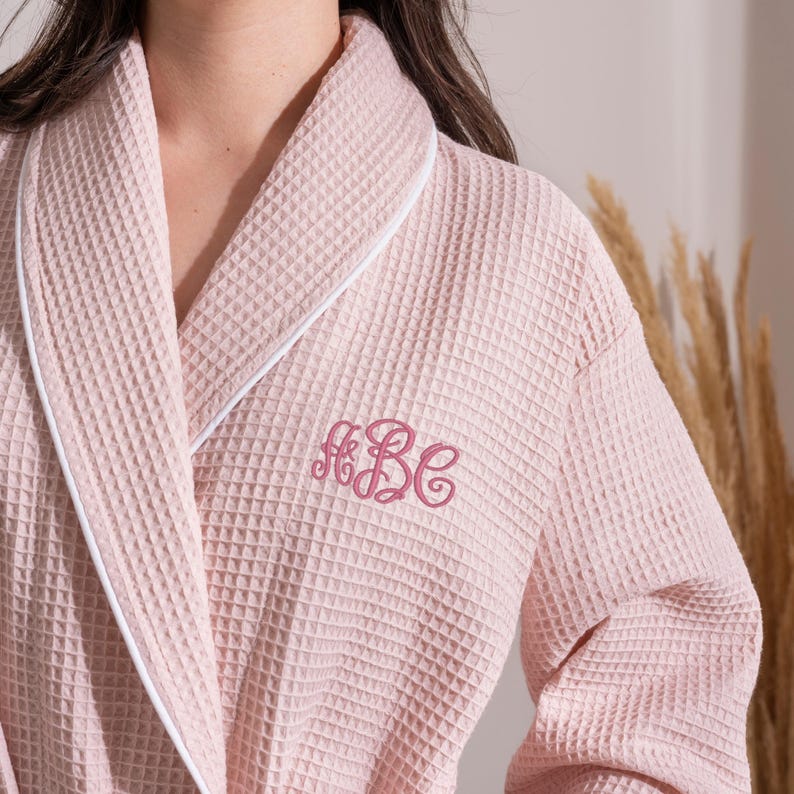 Pink Embroidered Robe With Monogram Custom Waffle Robe Personalized Waffle Bathrobe graduation anniversary birthday valentines day Gift