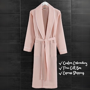 Personalized Pink Waffle Robe, Custom Waffle Bathrobe with name, Bridesmaid gift, Unisex Bathrobe, Waffle Robe Long For Women and Men