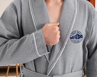Best Dad Ever Gray Waffle Robe For Dad, Dad of The Year Monogram Bathrobe, Custom Mens Robes, Personalized Dressing Gown, Father&#39;s Day Gift