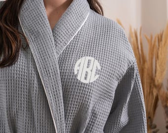 Personalized Gray Waffle Robe: Custom Monogrammed Turkish Cotton