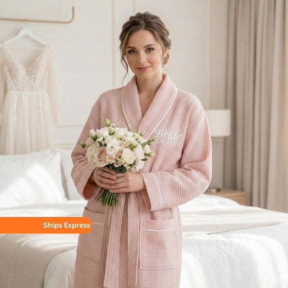bride cotton dressing gown Bridal Robes For Getting Ready, Personalized Waffle Bride Robe Long, Embroidered Dressing Gown, Bridal Wedding Morning Outfit