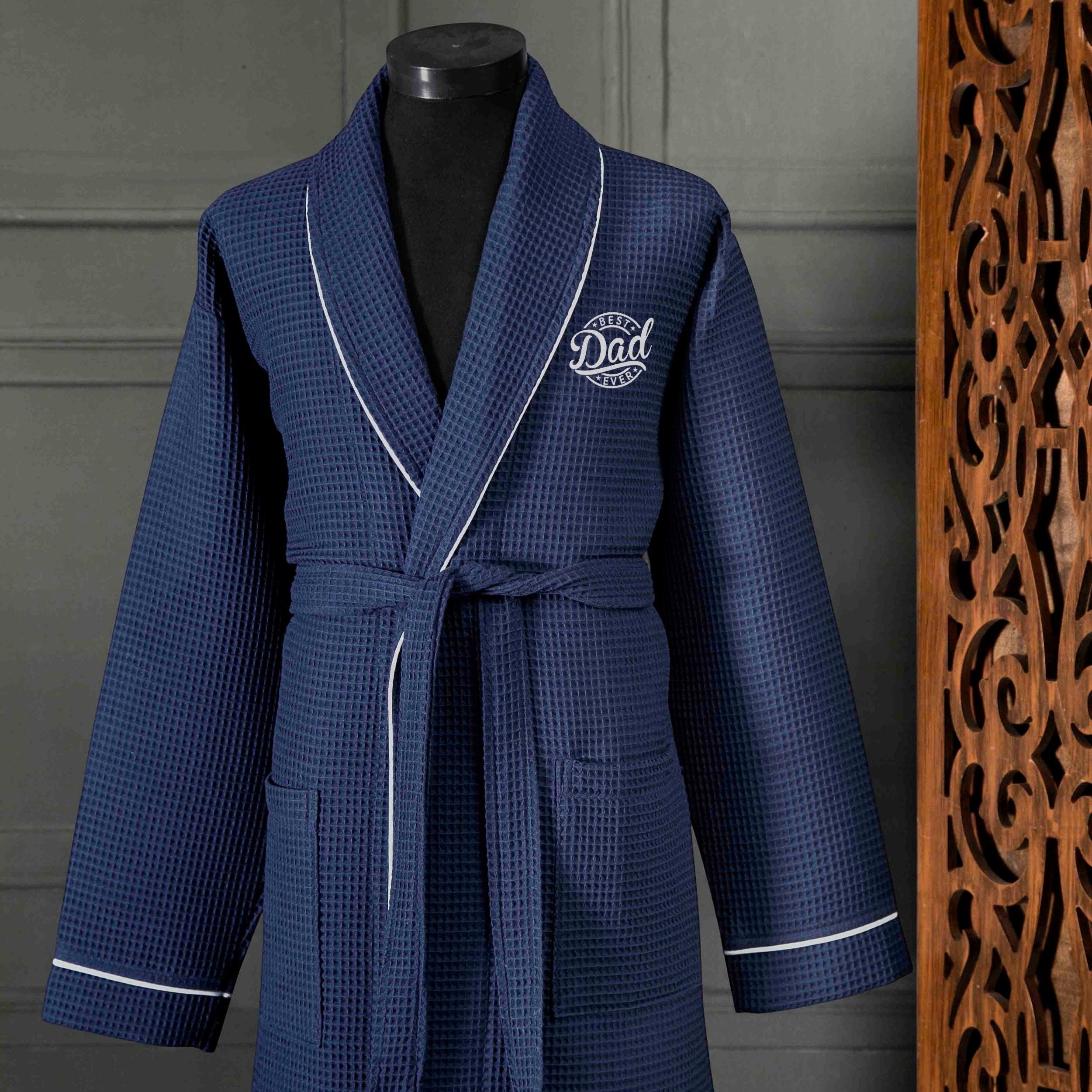 Best Dad Ever Navy Blue Waffle Robe with Piping, Personalized Bathrobe for Men, Embroidered Dressing Gown, Unisex Spa Robe Father's Day Gift