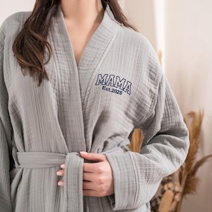 Mama Est Monogrammed Gray Muslin Kimono Robe, Organic Cotton Robe For Mom, Custom Muslin Bathrobe for Mother, Gauze Robe, Mother&#39;s Day Gift