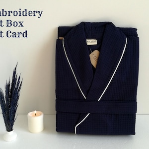 Navyblue Custom Waffle Robe With Name Bridal and Bridesmaid Robes Gift For Women and Men Cotton Lightweight Bathrobe Gift For Couples