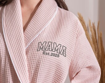 Mama Monogrammed with Est Year Pink Waffle Robe, Custom Dressing Gown For Mom, Womens Long Cotton BathRobe, Laungewear Robe, Gift for Her