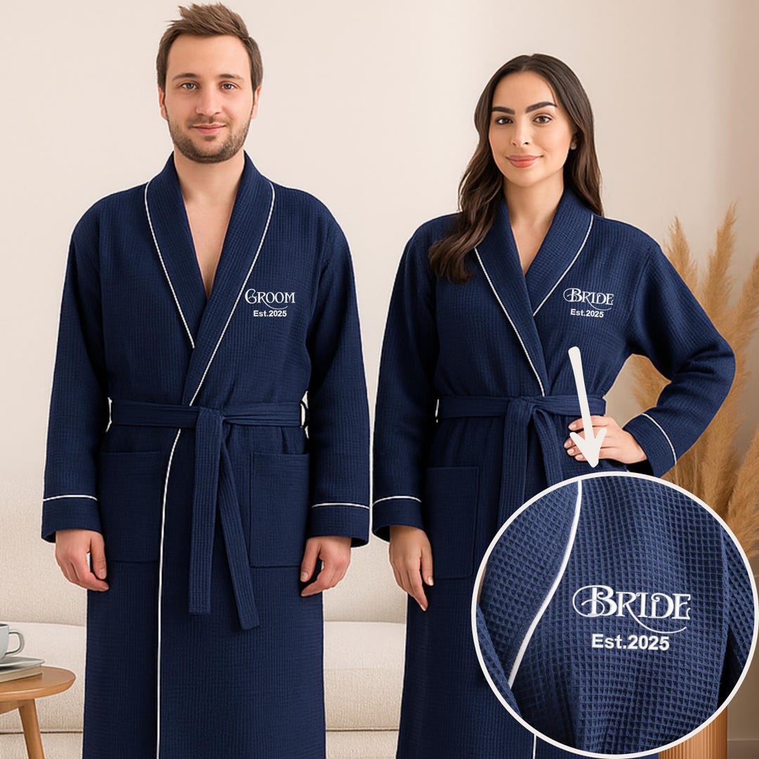 Navy Robe Navy Bride & Groom Est Waffle Robe, Bridal Couple Robes, Robes for ...