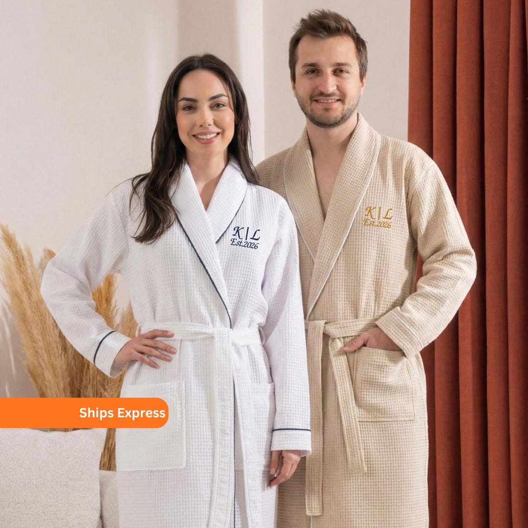 Personalized Waffle Robes for Couples With Initials Est Year Monogram ...