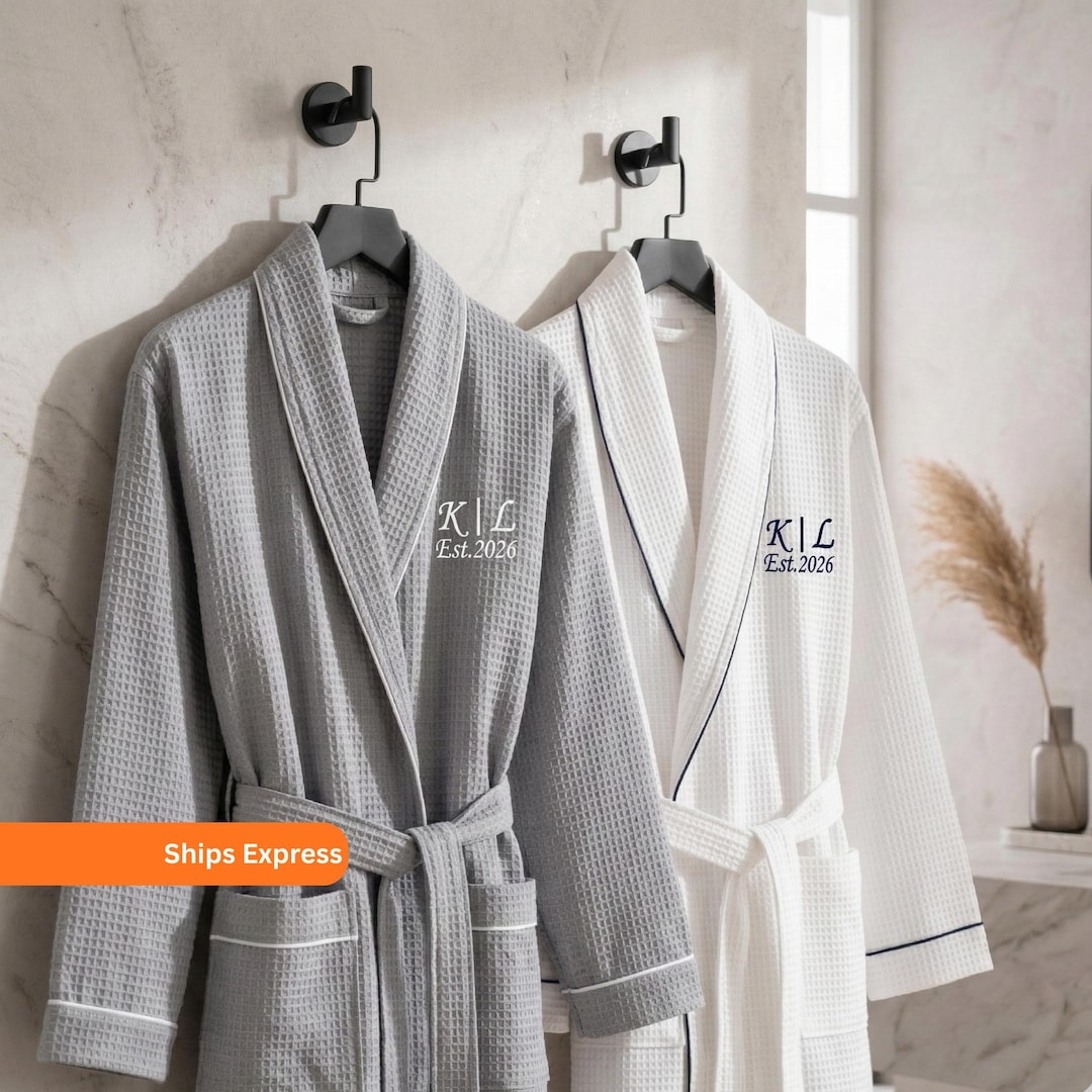 Gray and White Cotton Anniversary Personalized Spa Robe, Matching Waffle Bathrobe for Couples, Monogrammed His and Hers (Price for 1)