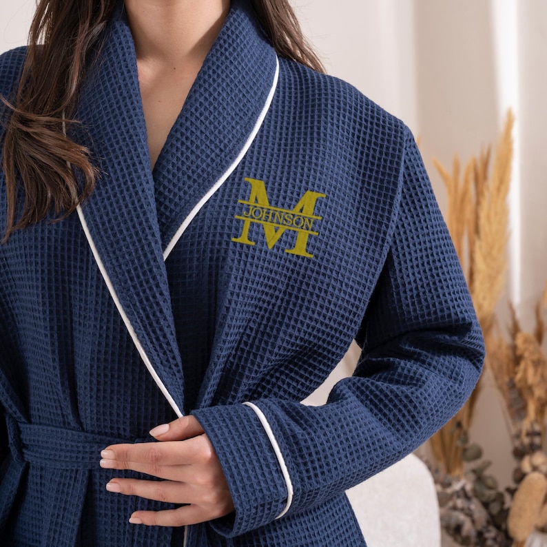 Splitted Initial Monogrammed Navy Waffle Robe, Personalized Letter Monogram Bathrobe, Custom Embroidered Waffle Knitted Dressing Gown