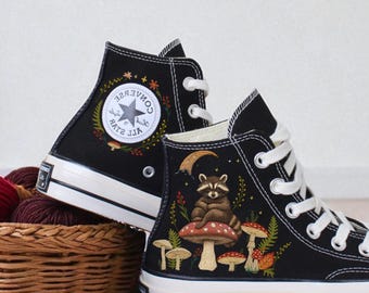 Embroidered Raccoon Mushroom Converse High Tops: Custom Wildlife Sneakers