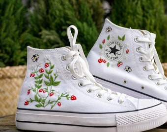 Custom Embroidered Converse High Tops: Strawberry & Bee Sneakers