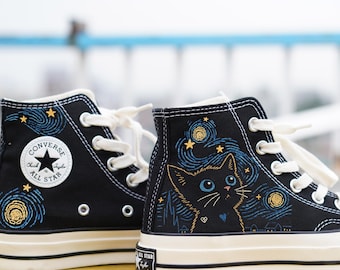 Hand Embroidered Black Cat at Night Converse: Custom Cat Embroidery Chuck Taylor High Tops