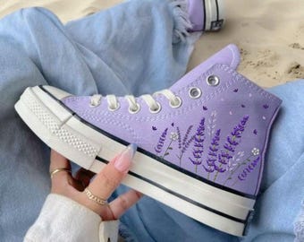 Lavender Embroidered Converse: Custom Floral Chuck Taylor Sneakers