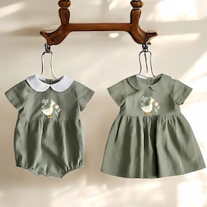 Custom Birthday Goose in Garden Hand Embroidered Dress for Girls, Soft Linen Dress, Toddler Linen Dress, 1st Birthday Girl Dress, Kids Dress