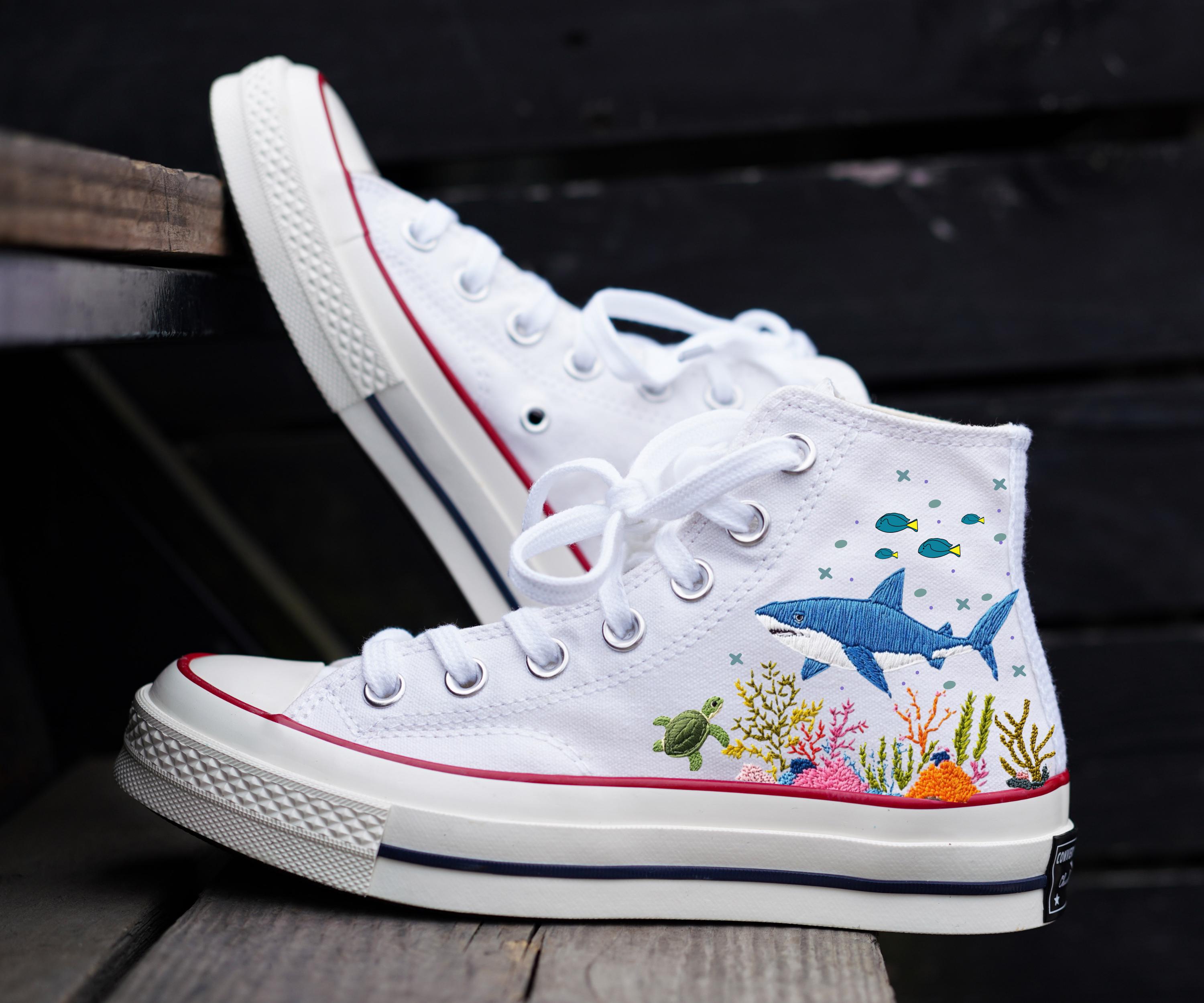 Shark Embroidered Converse High Tops: Custom Ocean Sneakers - Etsy