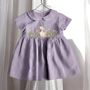 Custom Dress with Hand Embroidered Goose, Girls Soft Linen Dress, Toddler Linen Dress, Flower Girl Dress, Kids Clothing, Summer Linen Dress