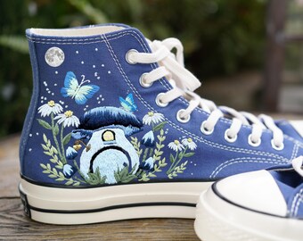 Embroidered Converse Sneakers: Mushroom & Butterfly Design