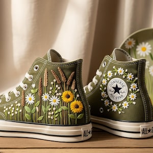 Embroidered Daisy & Sunflower Converse Sneakers: Custom Floral Chuck Taylors