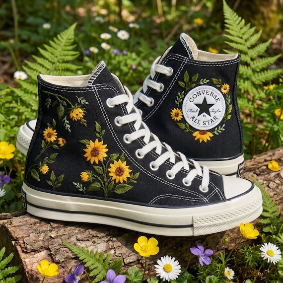 Hand Embroidered Sunflower Converse High Tops, Custom Sneakers
