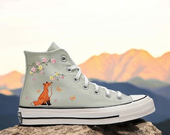 Embroidered Converse Sneakers, Fox and Cherry Blossom Design, Personalized Gift