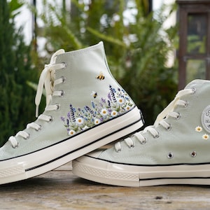 Custom Embroidered Converse: Lavender, Bee & Daisy Floral Shoes