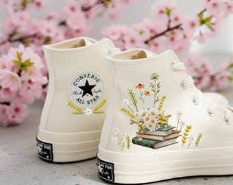Custom Book and Daisy Embroidered Converse: Wild Flowers Chuck Taylor Shoes for Book Lovers
