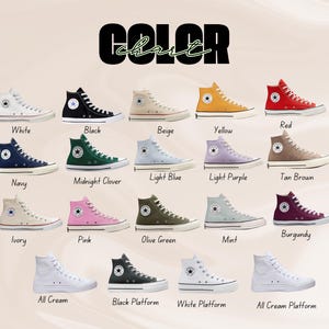 May include: A color chart of high-top canvas sneakers in various colors, including white, black, beige, yellow, red, navy, green, light blue, purple, tan, ivory, pink, olive green, mint, and burgundy. The text "COLOR chart" is at the top.