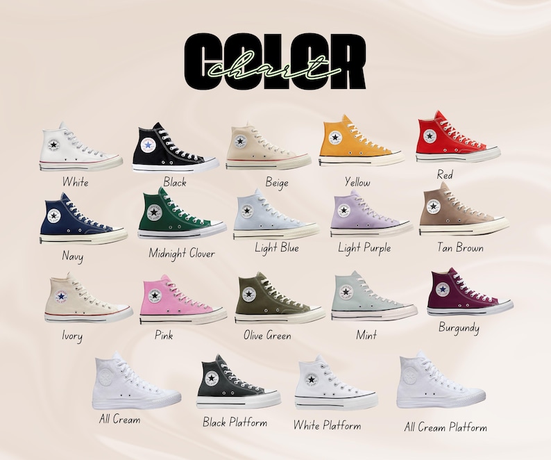 May include: A color chart of high-top canvas sneakers in various colors, including white, black, beige, yellow, red, navy, green, light blue, purple, tan, ivory, pink, olive green, mint, and burgundy. The text "COLOR chart" is at the top.