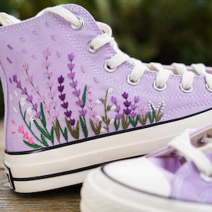 Embroidered Converse Custom Lavender Converse Flower, Lavender Embroidered Shoes, Embroidered Converse High Tops For Bride, Wedding Converse