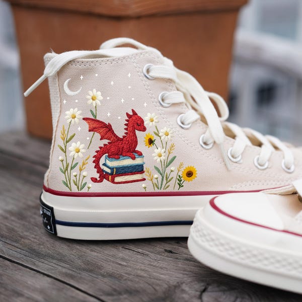Custom Dragon Embroidered Converse: Book Lover Sneakers