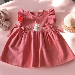 Custom Dress with Hand Embroidered Birthday Bunny, Girls Soft Linen Dress, Toddler Linen Dress, Blossom Girl Dress, Flower Embroidered Dress