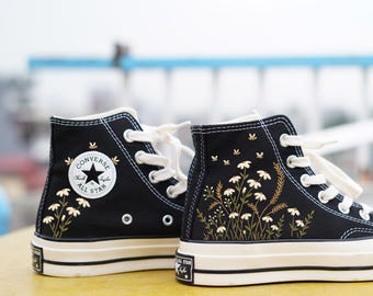 Hand Embroidered Wild Daisy Converse: Custom Floral Embroidery Chuck Taylor High Tops