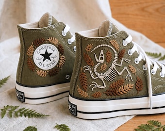 Embroidered Dinosaur Fossil Converse High Tops, Vintage Style Sneakers