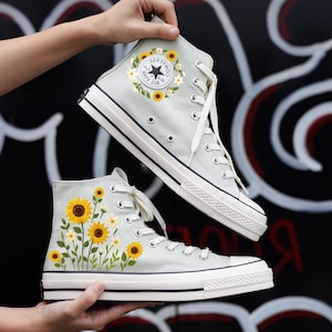 Embroidered Sunflower Converse Sneakers: Custom Wedding & Bridal Shoes