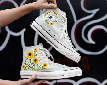 Embroidered Sunflower Converse Sneakers: Custom Wedding & Bridal Shoes