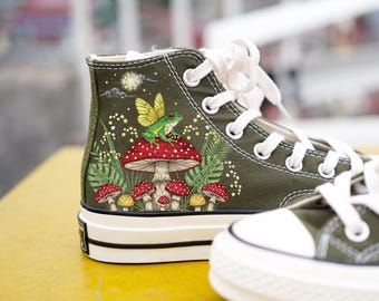 Embroidered Frog Converse High Tops: Custom Mushroom Sneakers