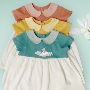 Custom Dress with Hand Embroidered Birthday Goose, Girls Soft Linen Dress, Toddler Linen Dress, Flower Girl Dress, Embroidered Goose Dress