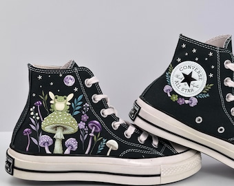 Embroidered Converse Sneakers: Mushroom & Frog Design