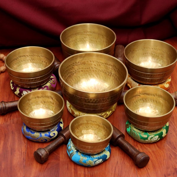 Spiritual Set of Seven Hand beaten Singing Bowls  From Nepal-Meditation Bowl-Tibetan Singing Bowl- Blessing Bowls