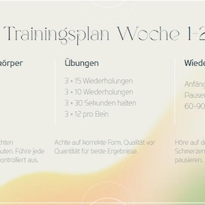 May include: A fitness plan titled "Trainingsplan Woche 1-2" in a light beige color scheme. The plan includes exercise instructions with repetitions and rest periods. The text is in German.